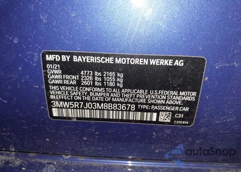 2021 BMW 330I xDrive z USA, uszkodzony, nr VIN 3MW5R7J03M8B83678
